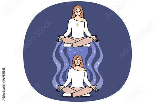 State of trance of meditating woman sitting in lotus position, with soul leaving body. Esoteric trance and astral travel for girl who cares about mental health and enlightenment of mind