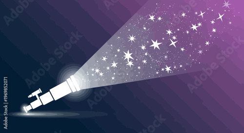 Conceptual telescope emitting stars on dark purple background
