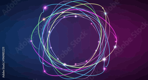 Abstract Glowing Orbits and Colorful Light Trails on Dark Background