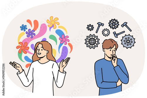 Pragmatic and creative thinking between two people using different ways of solving problems. Difference between man and woman thinking, for example guy with mechanism and girl with flowers above heads