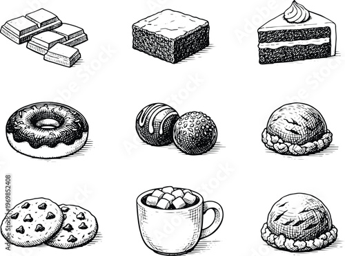Dessert bakery engraving icon collection featuring chocolate cake donut cookies truffles brownie pastry ice cream and cocoa mug