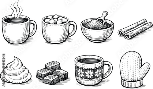 Hot beverage and dessert engraving icon set with coffee cocoa sugar cinnamon chocolate cream mug and cozy winter elements