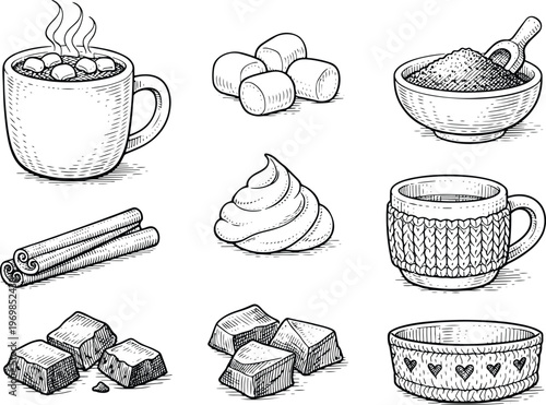 Hot cocoa and dessert engraving collection with marshmallow sugar cinnamon chocolate cream mugs and cozy winter elements