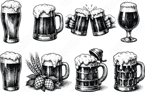 Vintage engraved beer mugs and glasses collection with foam, barley, hops and classic pub style illustration design