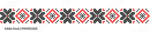 Ukrainian embroidery seamless pattern, black and red cross stitch geometric vector ornament isolated on white, Vyshyvanka Day