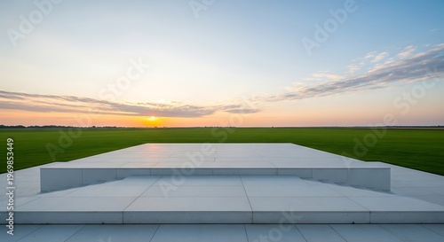 Modern minimalist concrete platform in a vast green field at sunset with a soft sky and distant horizon