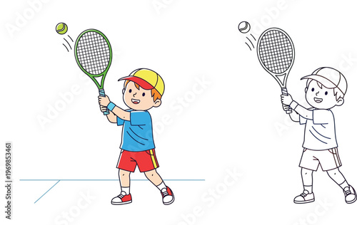 Cute cartoon boy playing tennis with racket and ball. Colorful illustration and black and white line art coloring page for kids.