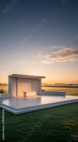 Modern minimalist structure at sunrise with misty landscape background serene outdoor space for contemplation and reflection