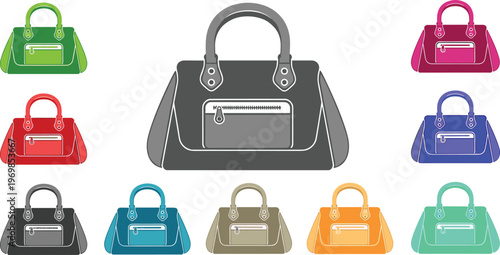 Handbag color variation illustration with grid of fashion accessories, central gray bag and surrounding colorful designs, vector artwork