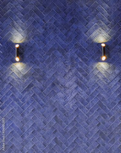 Sophisticated Bathroom or Kitchen Wall with Purple Tiles and Brass Lamps