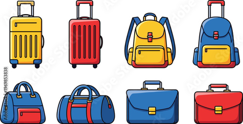Luggage and bag collection illustration with suitcases, backpacks, duffel bags, and briefcases in colorful cartoon style, vector artwork