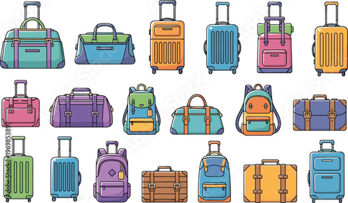 Travel luggage collection illustration with suitcases, duffel bags, backpacks, and briefcases in bright colorful cartoon style, vector artwork