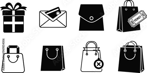 Shopping and gifting icon illustration with gift box, envelope, purse, and retail bags, black-and-white vector artwork