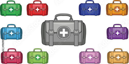 Medical bag collection illustration with ten colorful first aid kits featuring white cross symbols, emergency preparedness vector artwork