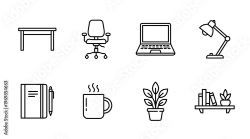 Workspace icons showing desk, chair, laptop, lamp, notebook, coffee, plant, bookshelf.