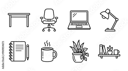 Workspace icons showing desk, chair, laptop, lamp, notebook, coffee, plant, bookshelf.