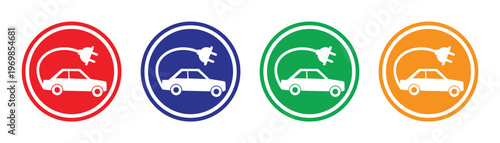Electric Car Charging Icon Set in Multiple Colors, Eco Friendly Vehicle Symbol Collection