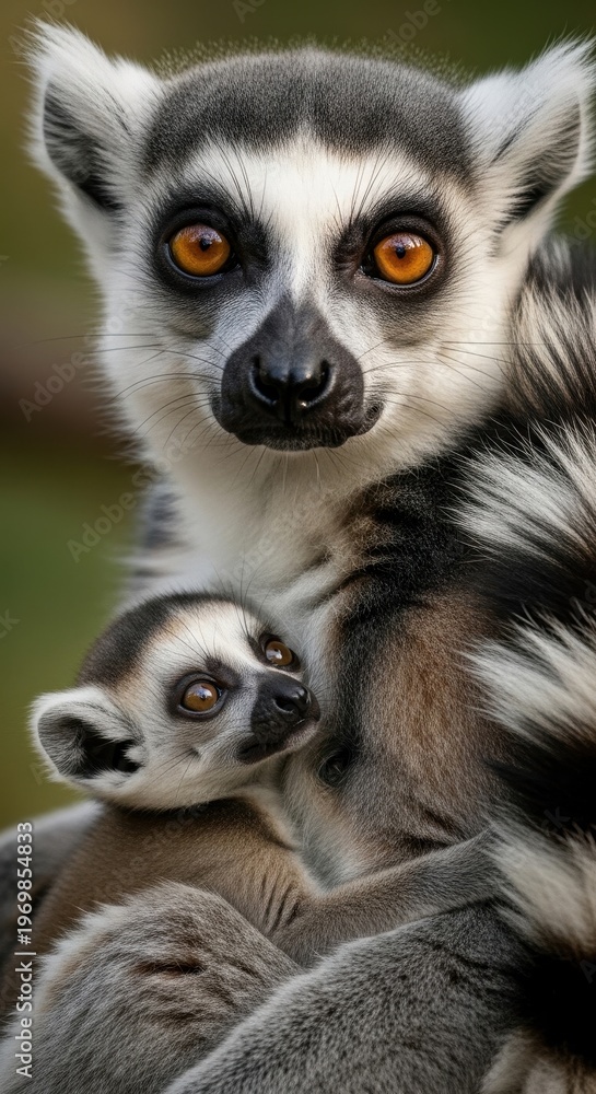 Fototapeta premium A mother ring-tailed lemur tenderly holds her infant close.