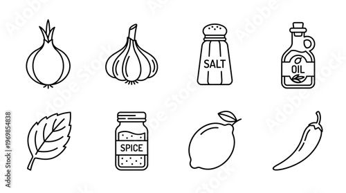 Cooking ingredient icons showing onion, garlic, salt, oil, herb, spice, lemon, chili.