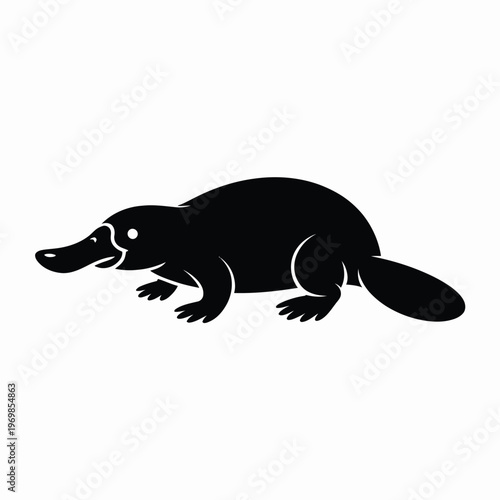 Black silhouette of a platypus standing on a white background