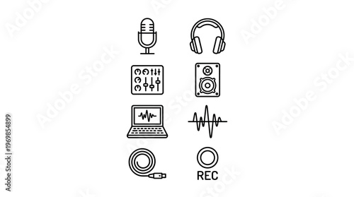 Audio production icons showing microphone, headphones, mixer, speaker, laptop, sound wave, cable, record.