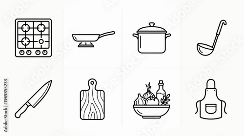 Cooking icons showing stove, pan, knife, cutting board, bowl, apron, pot, ladle.