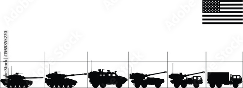 Collection of United States military vehicle silhouettes including main battle tanks armored personnel carriers self-propelled artillery and tactical transport trucks.