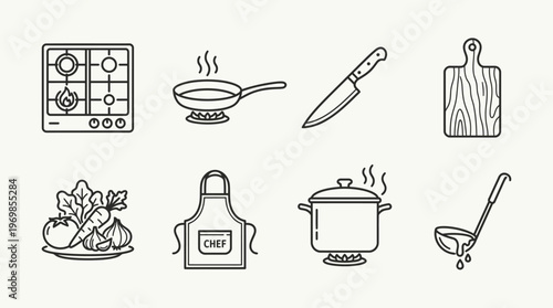 Cooking icons showing stove, pan, knife, cutting board, bowl, apron, pot, ladle.