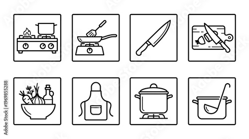 Cooking icons showing stove, pan, knife, cutting board, bowl, apron, pot, ladle.