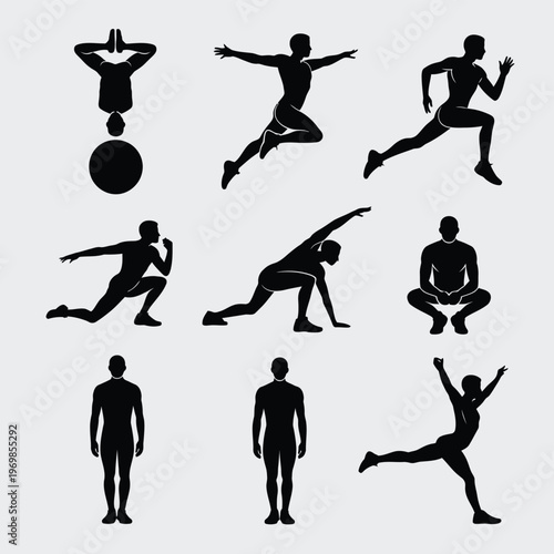 Black silhouette set of men performing various fitness exercises and athletic poses