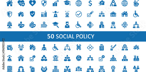 Comprehensive collection of fifty social policy icons featuring community welfare education healthcare accessibility insurance and financial security flat vector silhouette illustrations.