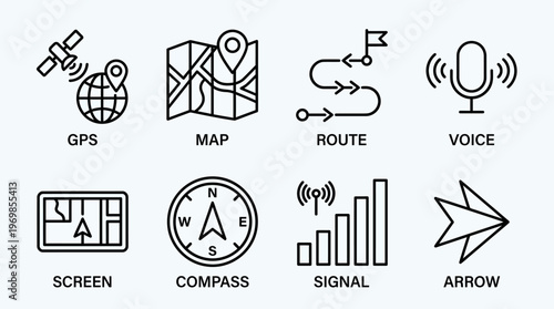 Navigation icons showing GPS, map, route, voice, screen, compass, signal, arrow.