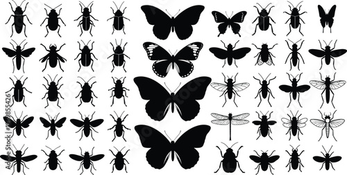 Large collection of insect silhouettes featuring butterflies beetles dragonflies bees and flies for nature biology and pest control vector design.