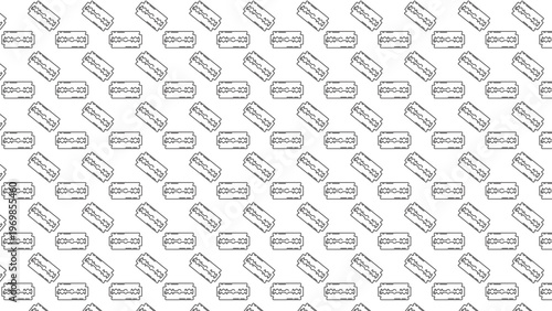 Seamless white background pattern with black line razor blade illustrations for modern barber shop branding