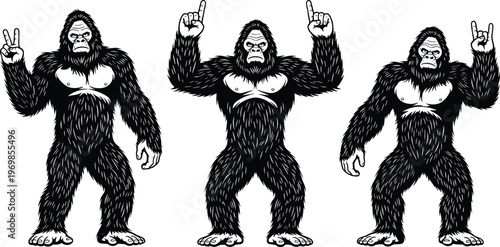 Powerful gorilla mascot set featuring bigfoot or sasquatch characters making peace rock on and victory hand gestures in black and white.
