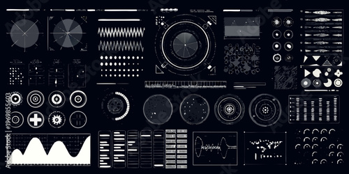 Abstract technological interface elements arranged on a dark background