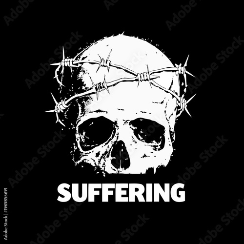 A stark white skull adorned with barbed wire and the word suffering