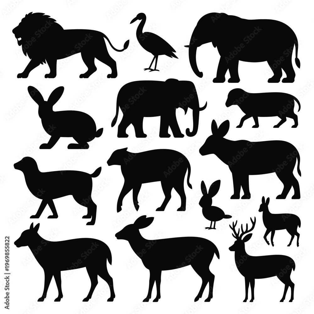 Obraz premium Black silhouettes of various wild and domestic animals on white background