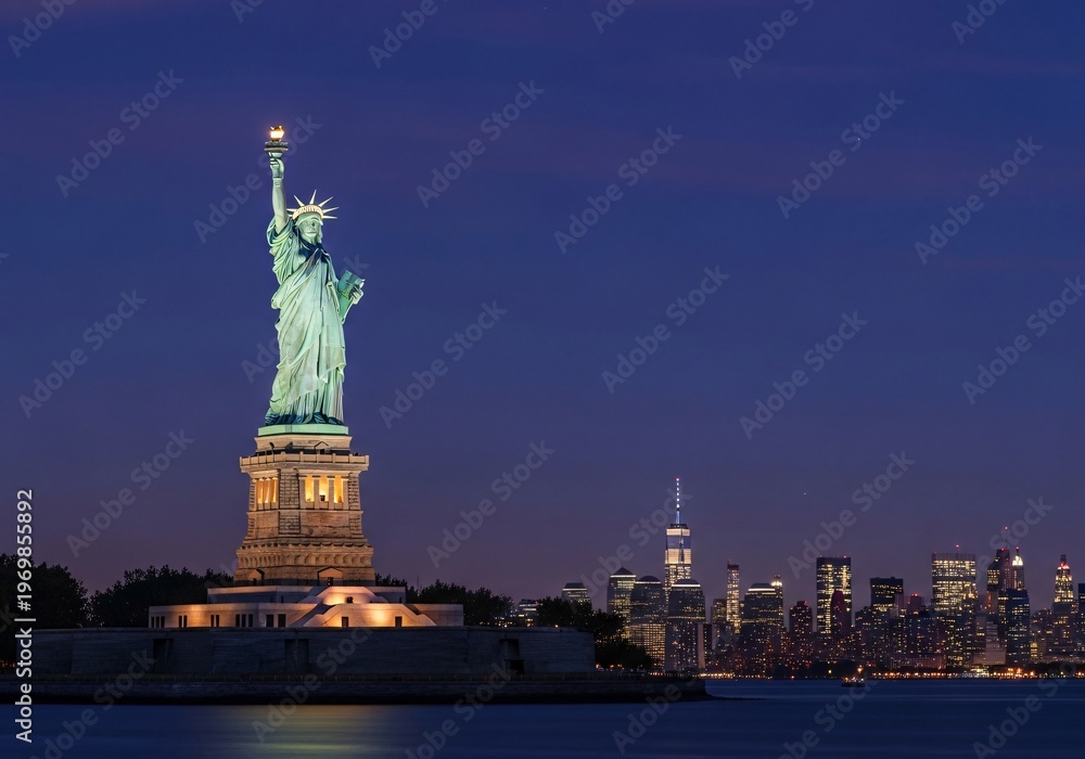 Fototapeta premium Iconic statue of liberty standing tall against a nighttime skyline backdrop