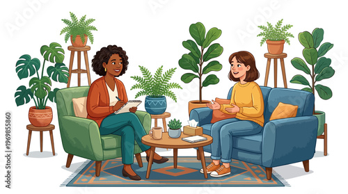 Therapy Session Illustration Featuring a Diverse Female Counselor and Client in a Cozy Office Setting for Mental Health, Wellness, and Psychology Concepts