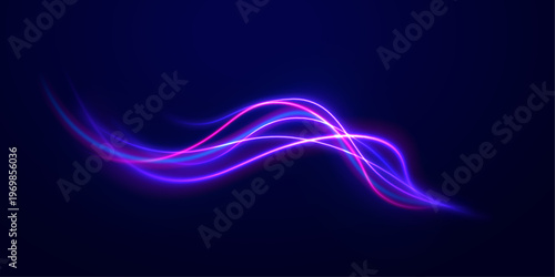 Light trails stretch along a night road. Neon glow reflects on the dark surface. The scene captures speed and urban motion.