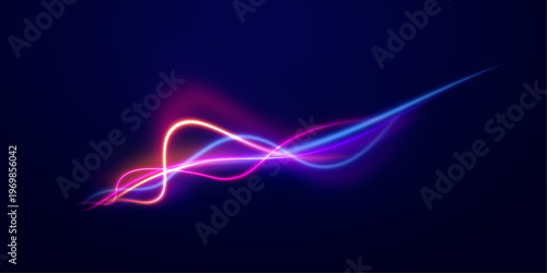 Neon lines rise along a futuristic road. Glowing particles enhance depth and perspective. Motion conveys speed and direction.