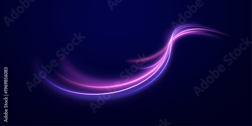 Bright circular neon trails rotate in darkness. Glowing particles enhance the spiral motion. The design feels futuristic and energetic.