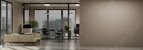 3D modern open office with a blank wall and a glass meeting room with city scape view