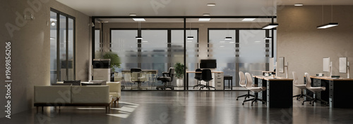 Photos Modern office interior with cuty sky view and floor. 3d rendering