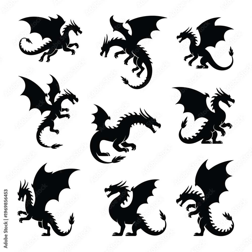 Obraz premium Set of nine black dragon silhouettes in various poses on white background