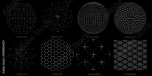 Geometric patterns and polyhedral forms displayed in a black and white arrangement