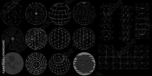Geometric formations a collection of wireframe ovoids and cubic structures