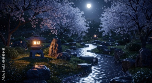 Stone lantern illuminates a serene garden path under a full moon with blooming trees