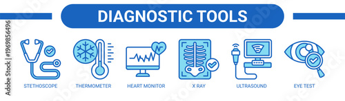 Diagnostic Tools web banner icon vector illustration concept with icons of stethoscope, thermometer, heart monitor, X ray, ultrasound, and eye test.